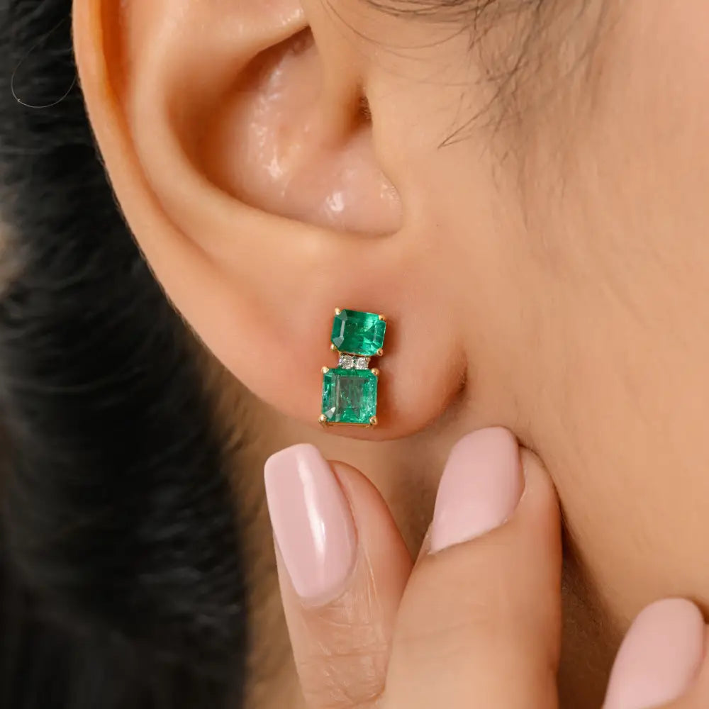 Real 18K Yellow Gold Emerald & Diamond Two Stone Stud Earrings For Women Daily Wear