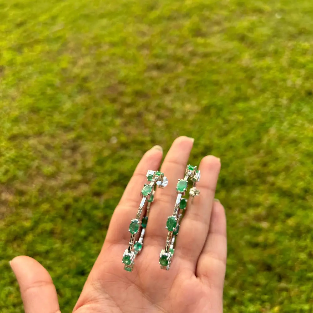 May Birthstone 925 Silver Emerald & American Diamond Hoop Earrings Custom Gemstone Jewelry