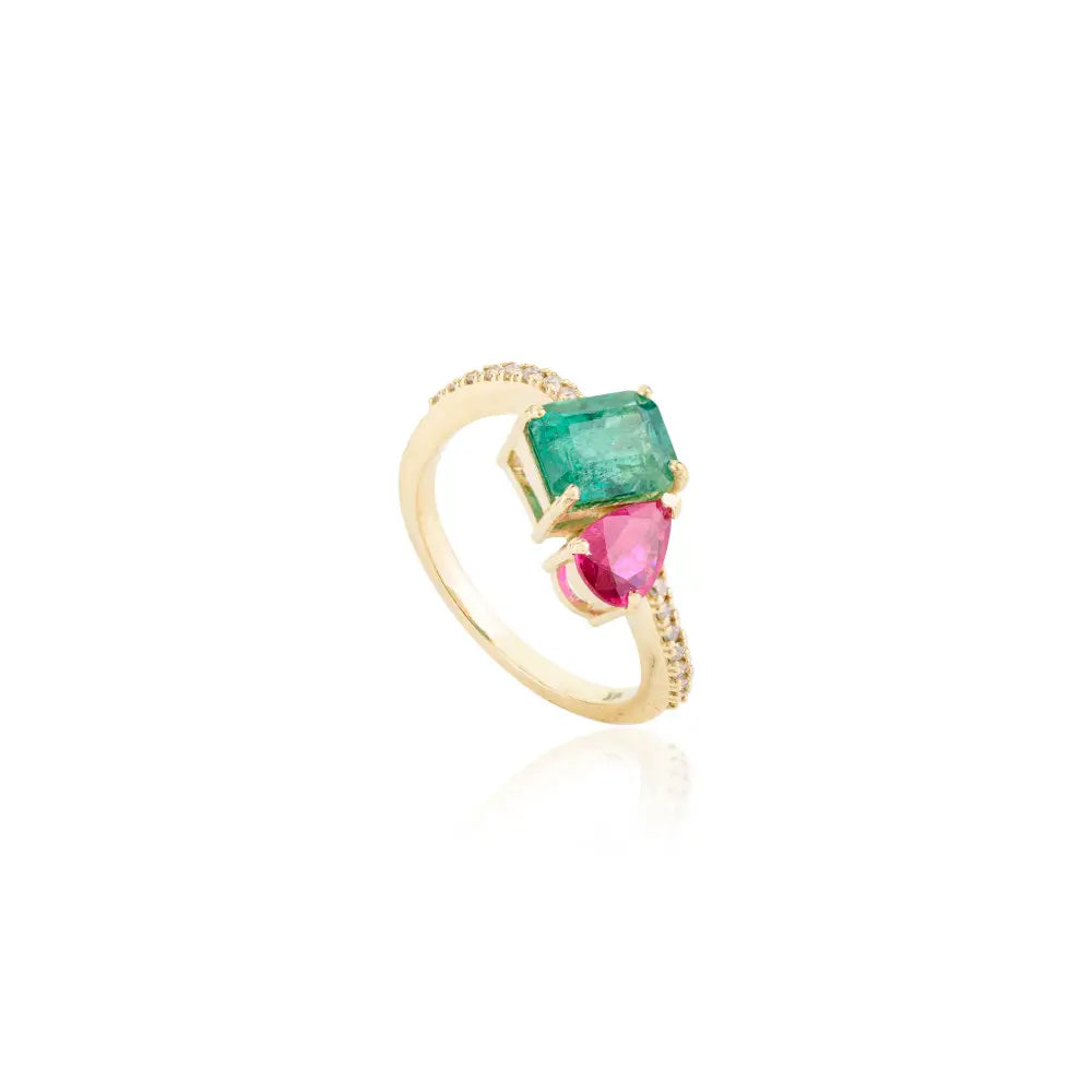 Emerald Ruby & Diamond Solid 14K Yellow Gold Toi et Moi Ring For Wedding Birthstone Jewelry