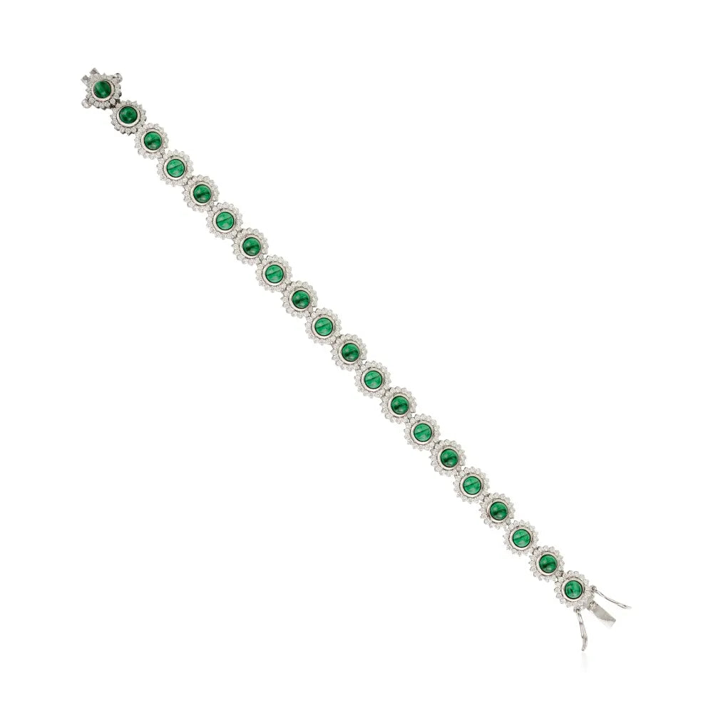 Unique Design Round Cut 100% Natural Malachite & American Diamond Statement Flower Bracelet