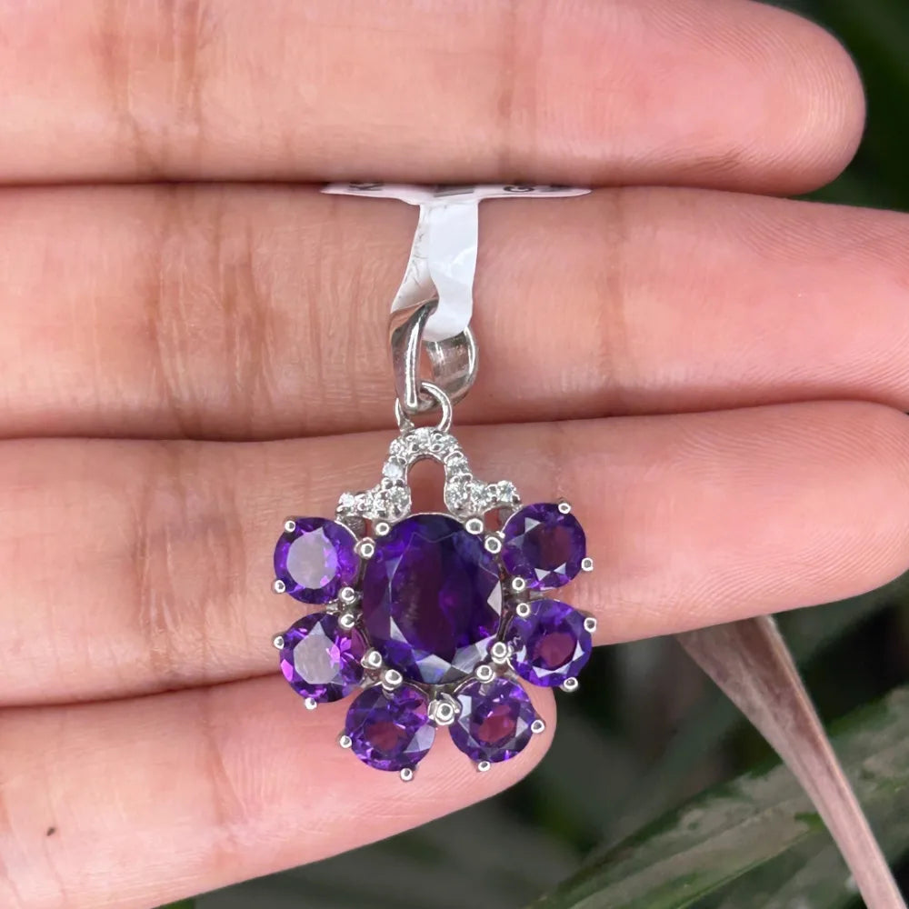 Trending Jewelry Genuine Amethyst & Round Cut American Diamond Pendant February Birthstone