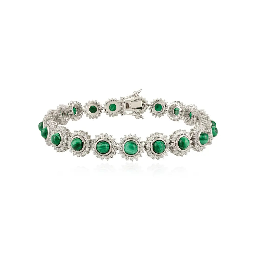 Unique Design Round Cut 100% Natural Malachite & American Diamond Statement Flower Bracelet