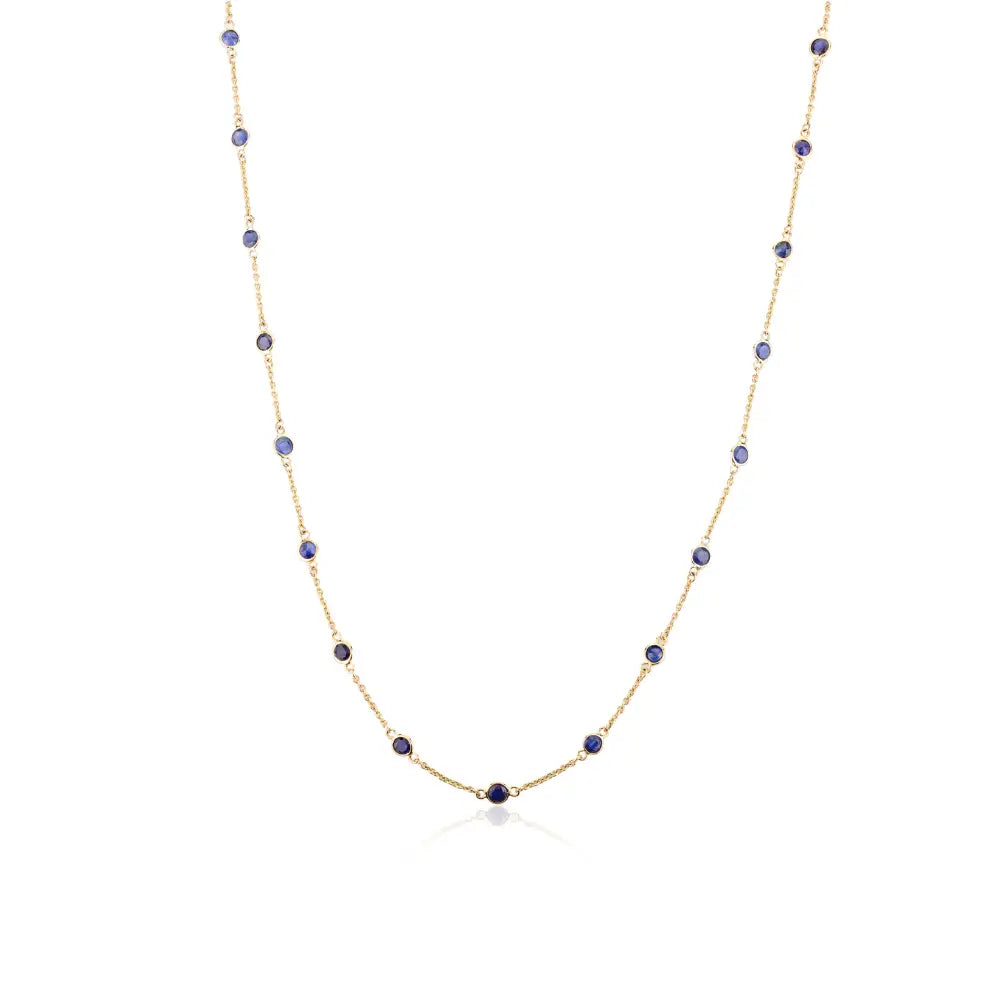 Real 14K Yellow Gold Round Blue Sapphire Station Chain Necklace Daily Wear Simple Jewelry