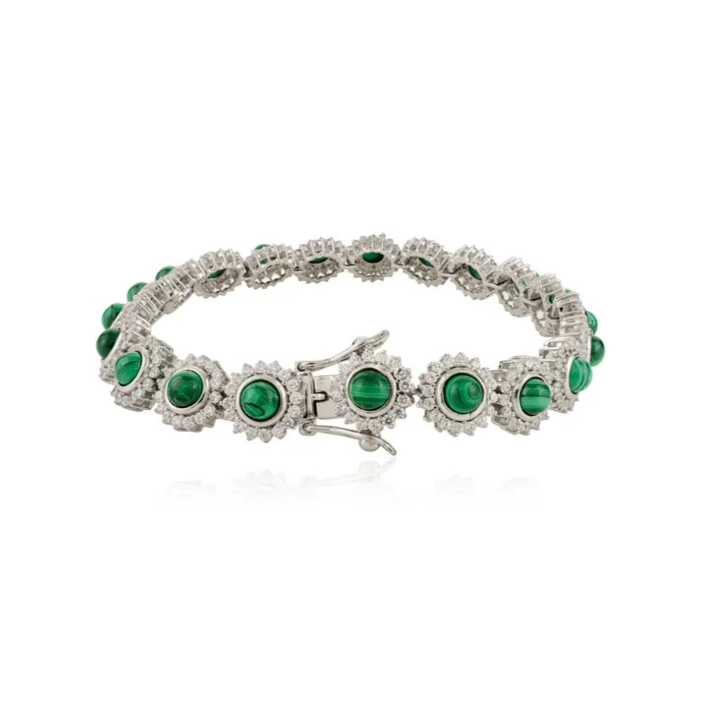 Unique Design Round Cut 100% Natural Malachite & American Diamond Statement Flower Bracelet