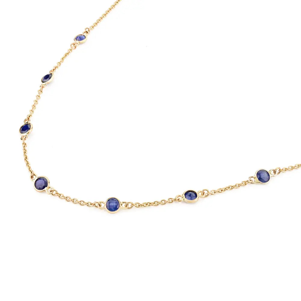 Real 14K Yellow Gold Round Blue Sapphire Station Chain Necklace Daily Wear Simple Jewelry