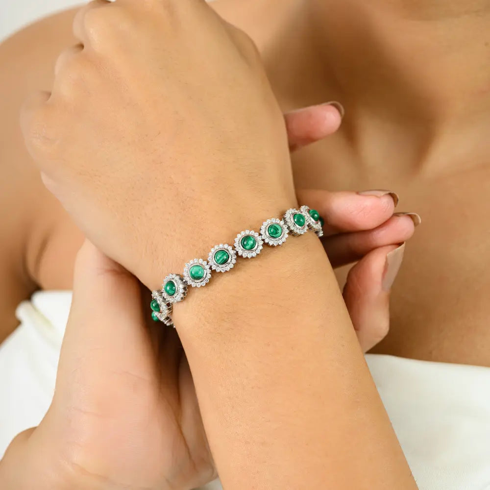 Unique Design Round Cut 100% Natural Malachite & American Diamond Statement Flower Bracelet
