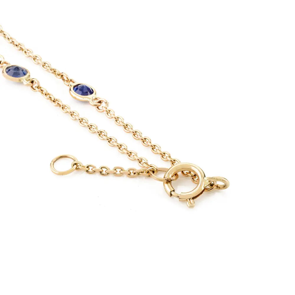 Real 14K Yellow Gold Round Blue Sapphire Station Chain Necklace Daily Wear Simple Jewelry