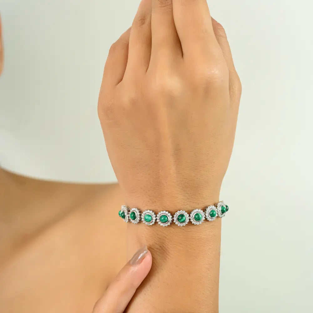 Unique Design Round Cut 100% Natural Malachite & American Diamond Statement Flower Bracelet