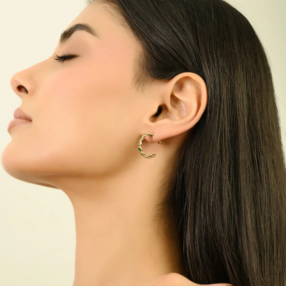 18K Real Yellow Gold Emerald Dainty C Hoop Earrings May Birthstone Everyday Jewelry