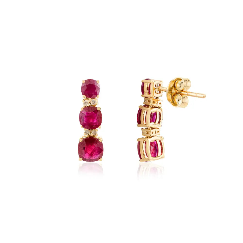 Graduated Set Ruby & Diamond Small Drop Earrings Everyday Wear Girls 14K Yellow Gold Jewelry