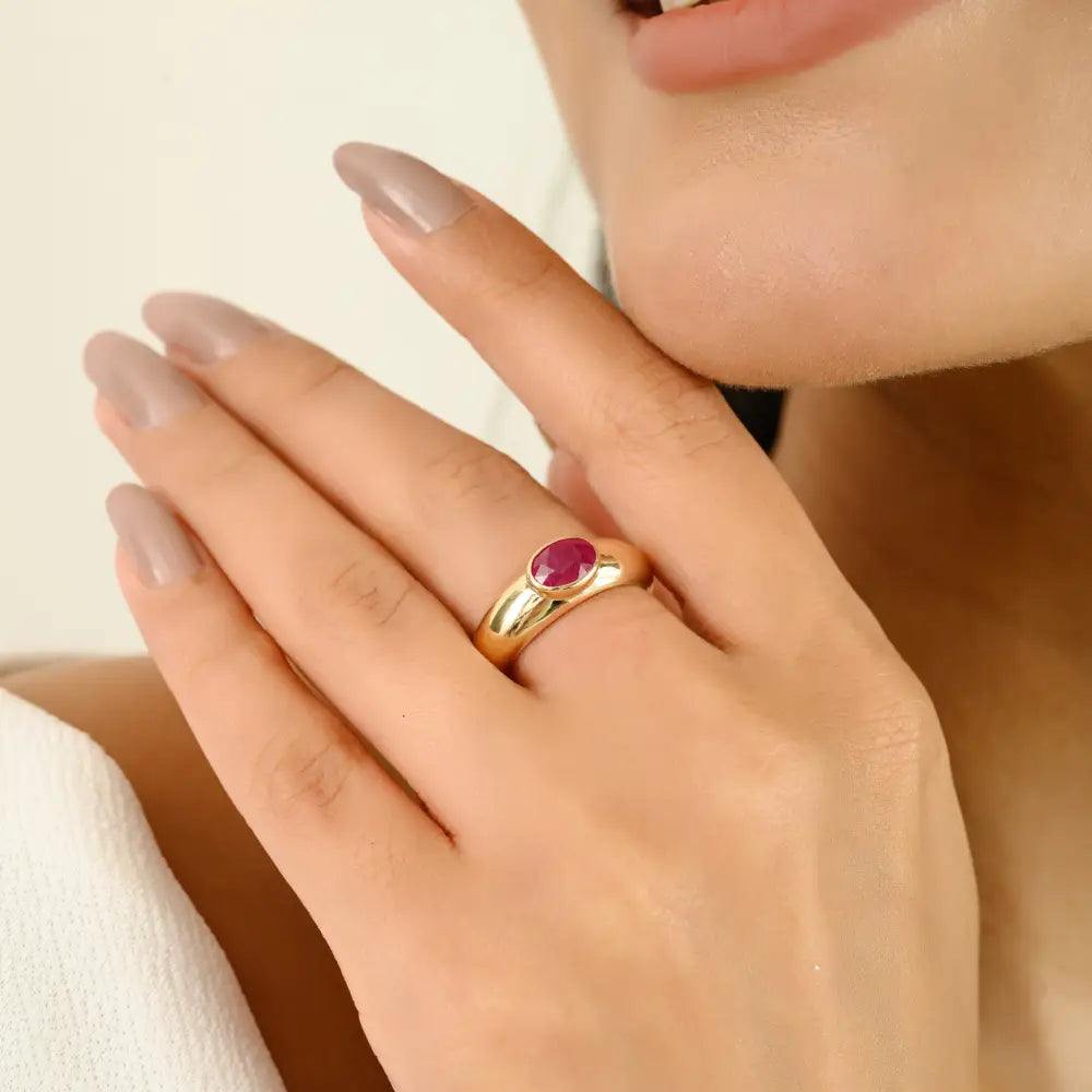 100% Authentic Ruby Handmade Dome Signet Ring For Women Pure K14 Yellow Gold Jewelry