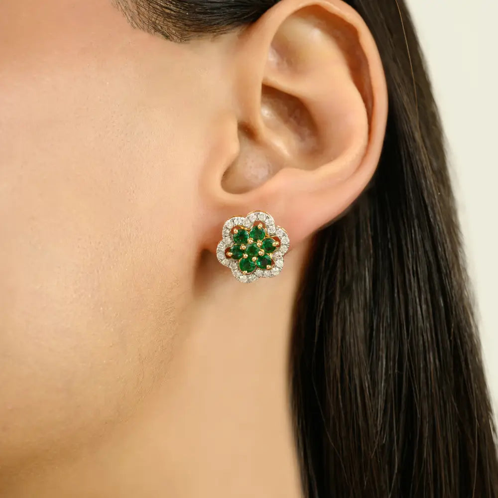 Round Cut Emerald & Diamond Flower Statement Stud Earrings Unique Design 18K Yellow Gold