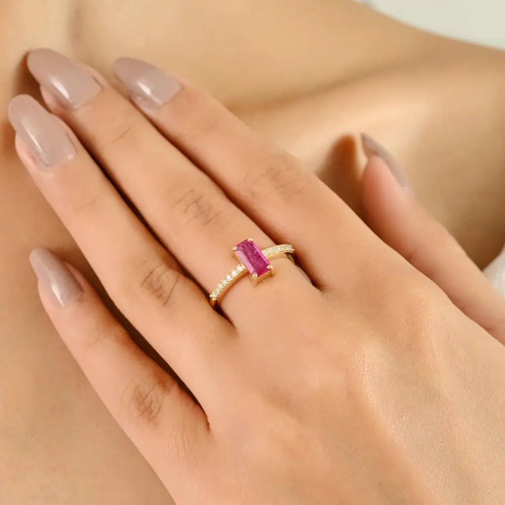 100% Genuine Prong Setting Ruby & Diamond Gemstone Ring Trending 14K Yellow Gold Jewelry