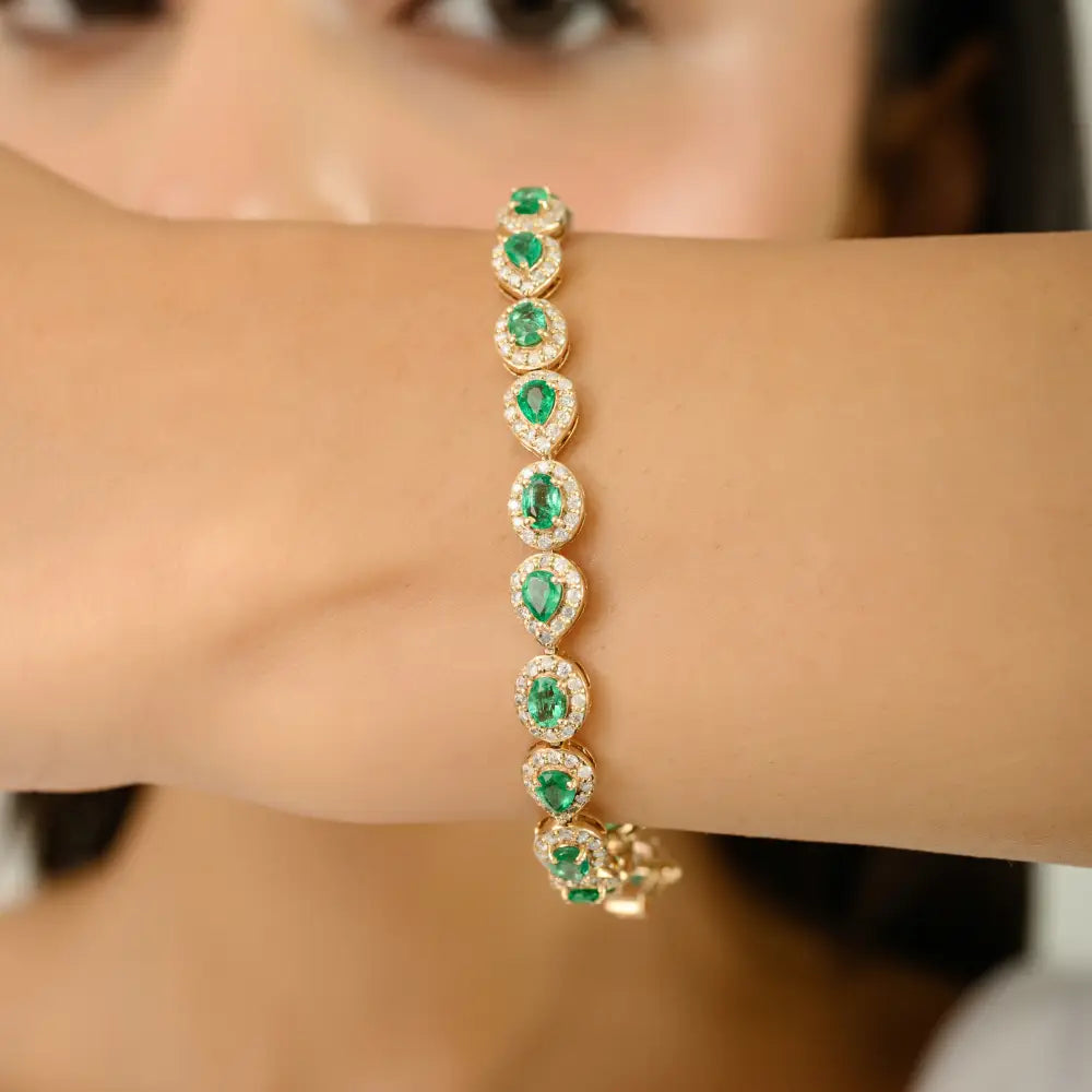 Custom Zambian Emerald & Diamond Stack Tennis Bracelet Wholesale 14K Yellow Gold Jewelry