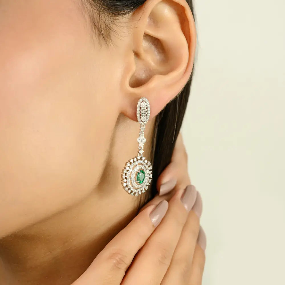 Bold Bridal Jewelry 14K White Gold Emerald & Diamond Handmade Dangle Earrings For Women
