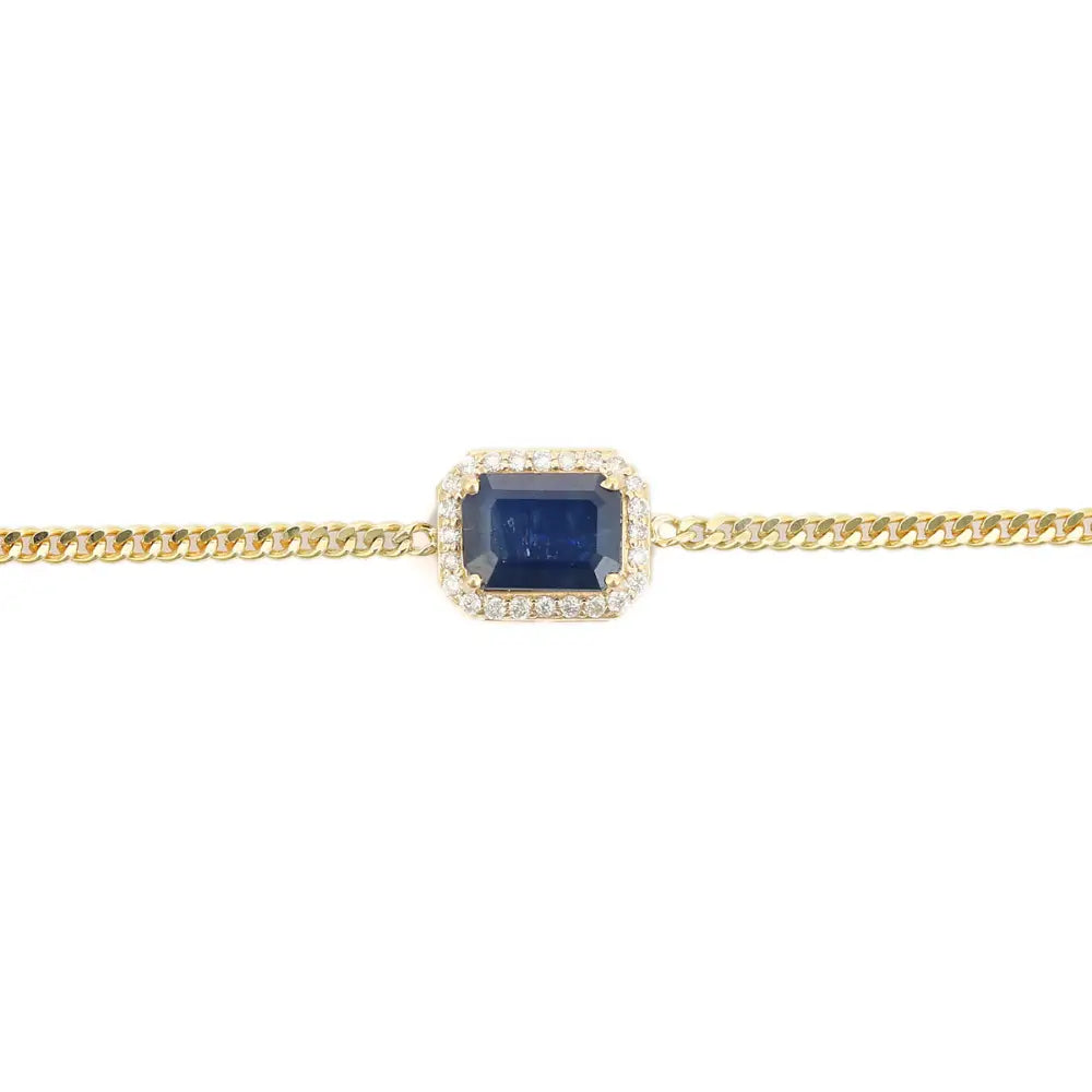 Prong Setting Blue Sapphire & Diamond 14K Solid Gold Cuban Chain Halo Bracelet Unisex