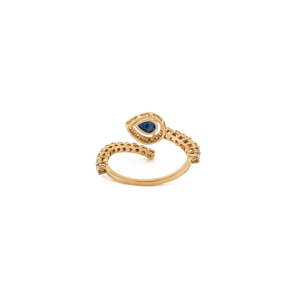 Pear Blue Sapphire & Round Diamond 14K Real Yellow Gold Open Statement Ring Luxury Jewelry