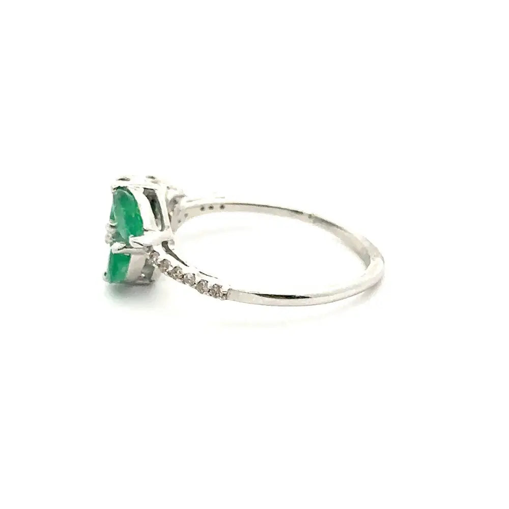 May Birthstone Marquise Shape Emerald & Round American Diamond Leaf Ring For Women Set In 925 Sterling Silver
