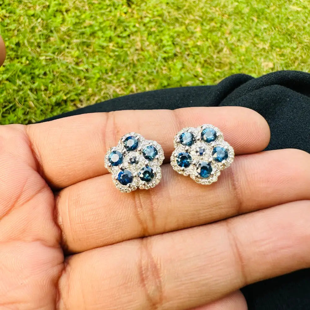 Authentic September Birthstone Blue Sapphire & American Diamond Floral Shape Statement Stud Earrings