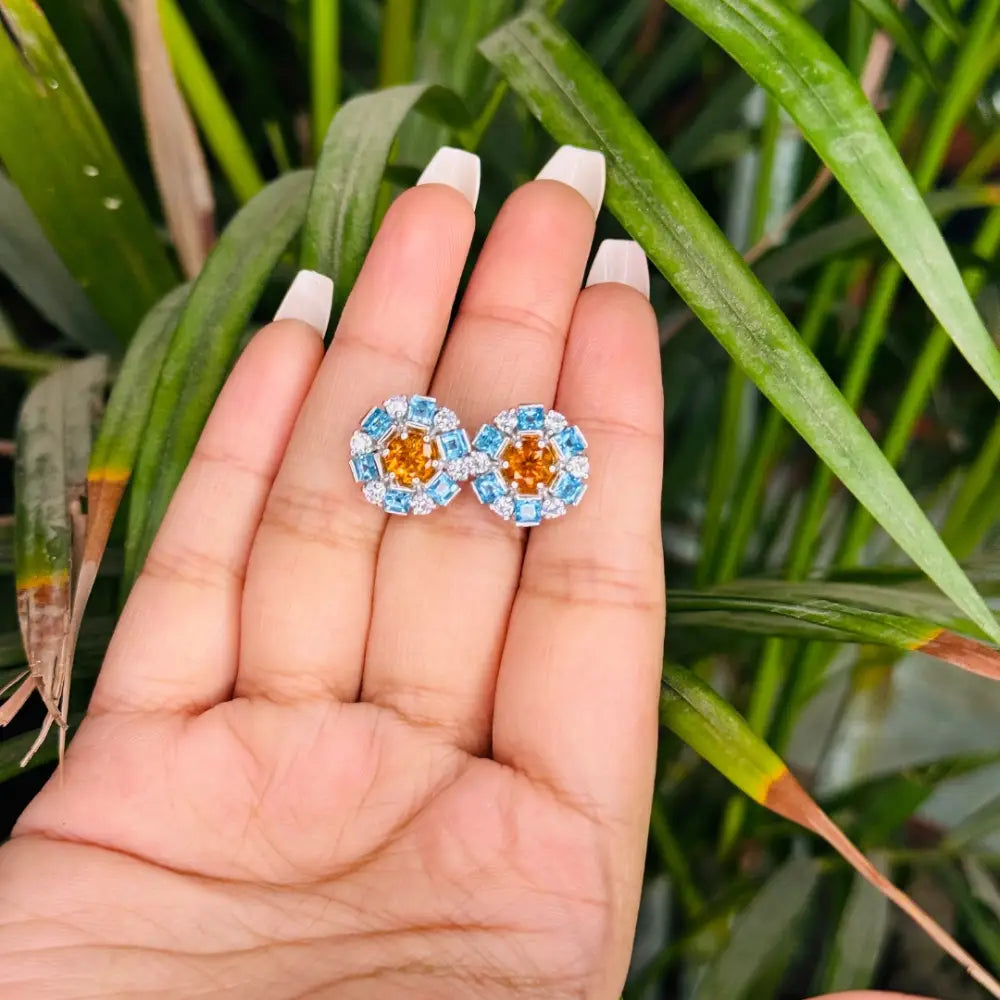 High Grade Jewelry Blue Topaz Citrine & American Diamond Round Stud Earrings Factory Price