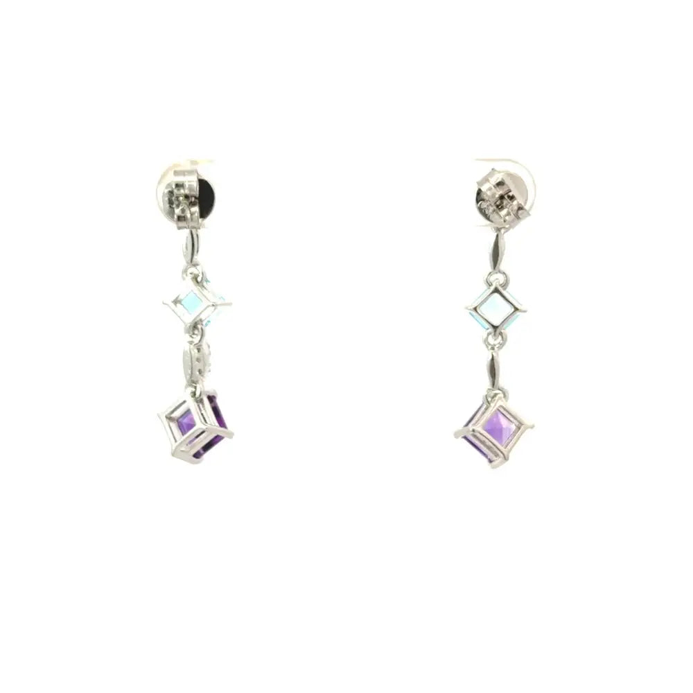 Square Shape Multi Gemstone & Round Brilliant Cut American Diamond Long Dangle Earrings For Women