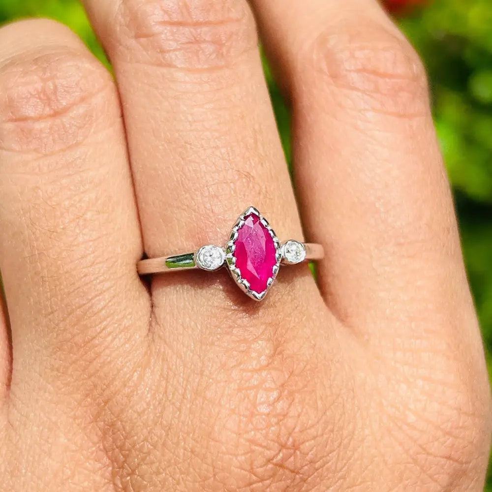 Marquise Shape Ruby & Round Cut American Diamond Single Stone Ring For Valentine's Day Gift