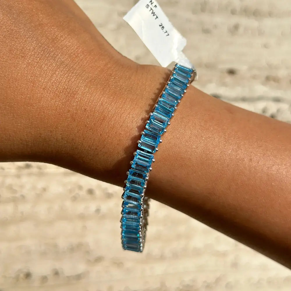 925 Solid Silver Baguette Blue Topaz Stackable Tennis Bracelet Bulk Order In 925 Sterling Silver