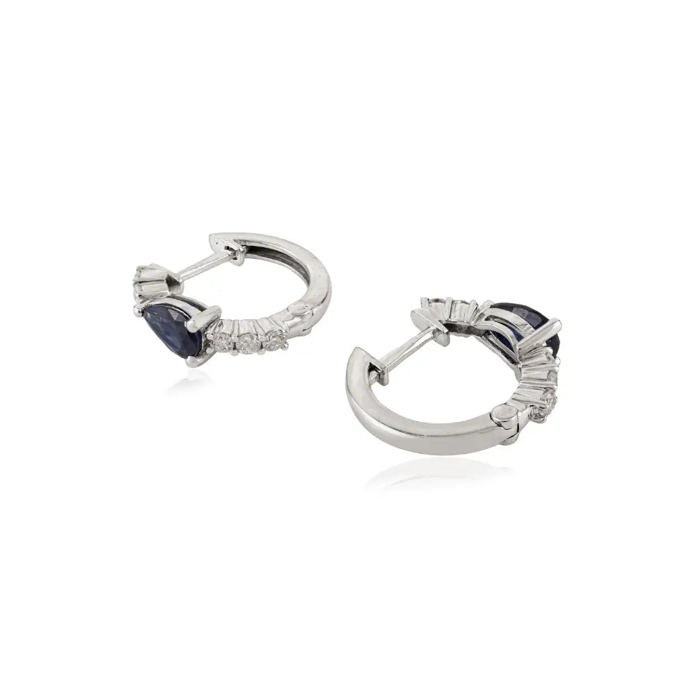 Simple 5x3 mm Pear Blue Sapphire & Diamond Small Hoop Earrings For Women 18K White Gold