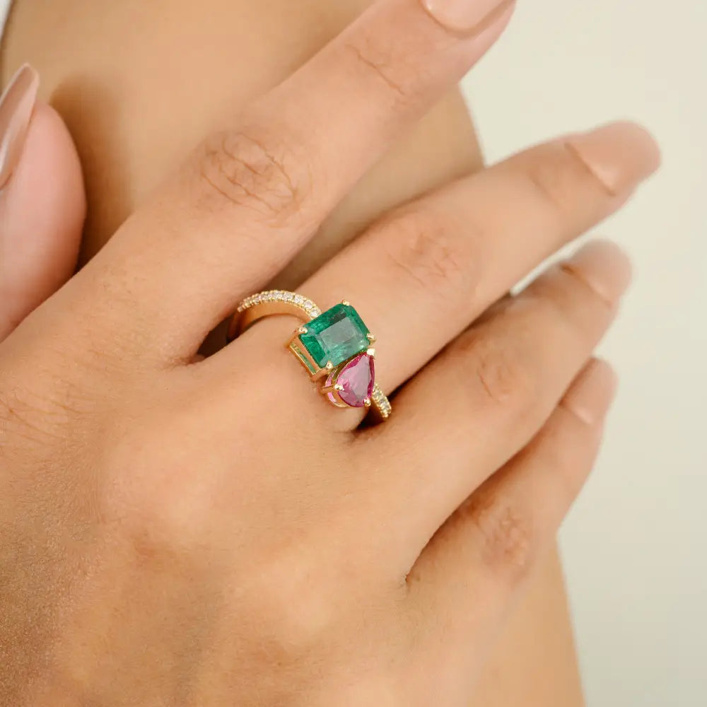 Emerald Ruby & Diamond Solid 14K Yellow Gold Toi et Moi Ring For Wedding Birthstone Jewelry