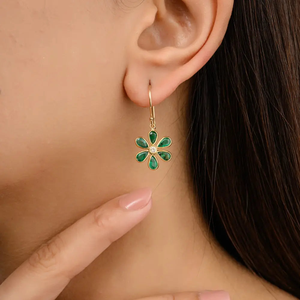 Floral Design Emerald & Diamond Drop Earrings in 18k Solid Yellow Gold