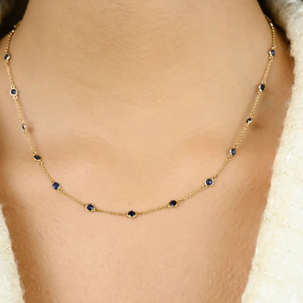 Real 14K Yellow Gold Round Blue Sapphire Station Chain Necklace Daily Wear Simple Jewelry