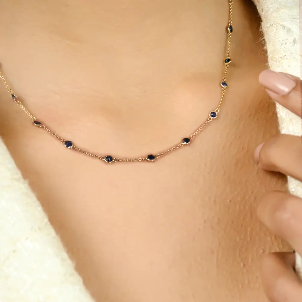 Real 14K Yellow Gold Round Blue Sapphire Station Chain Necklace Daily Wear Simple Jewelry