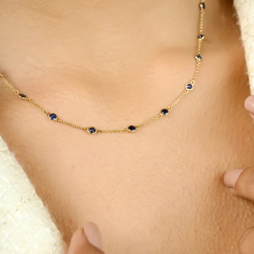 Real 14K Yellow Gold Round Blue Sapphire Station Chain Necklace Daily Wear Simple Jewelry