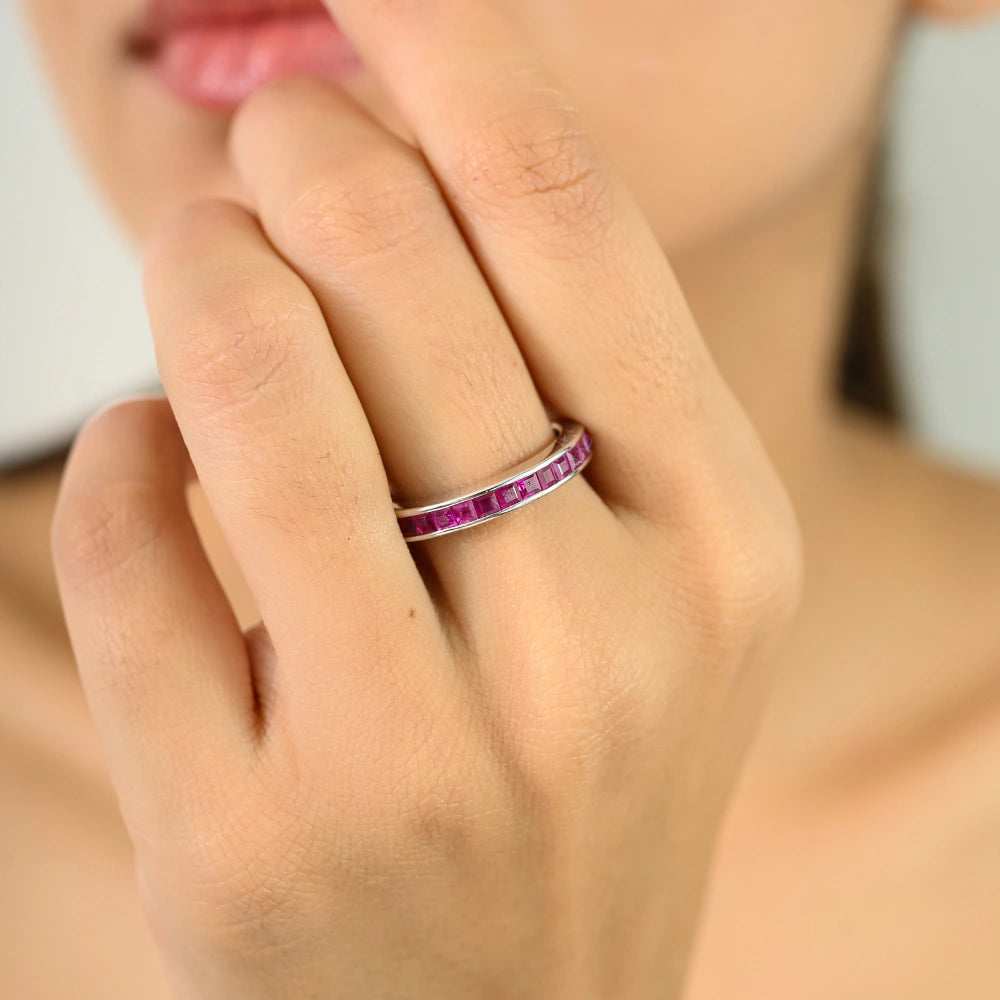 July Birthstone Natural Red Ruby Half Eternity Band Ring Latest Design 925 Solid Silver