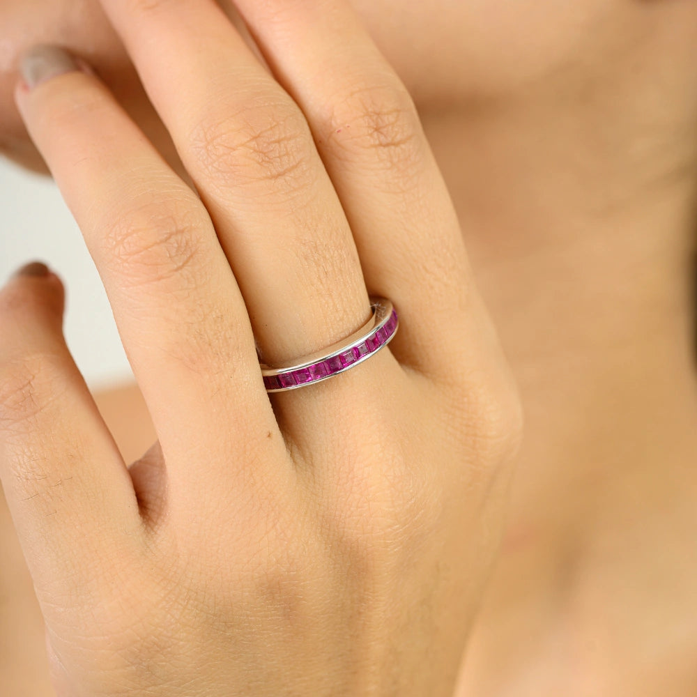 July Birthstone Natural Red Ruby Half Eternity Band Ring Latest Design 925 Solid Silver