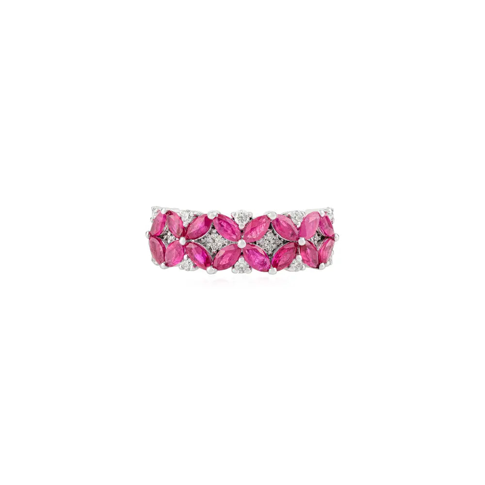 Unique Design Genuine Ruby & Diamond Floral Wide Band Ring Solid 14K White Gold Jewelry