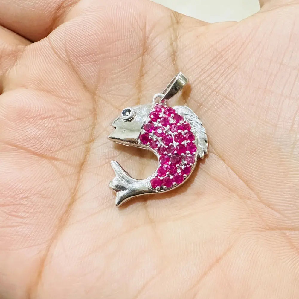 Luxury & Classic Ruby & Blue Sapphire 925 Solid Silver Dolphin Shape Pendant Necklace