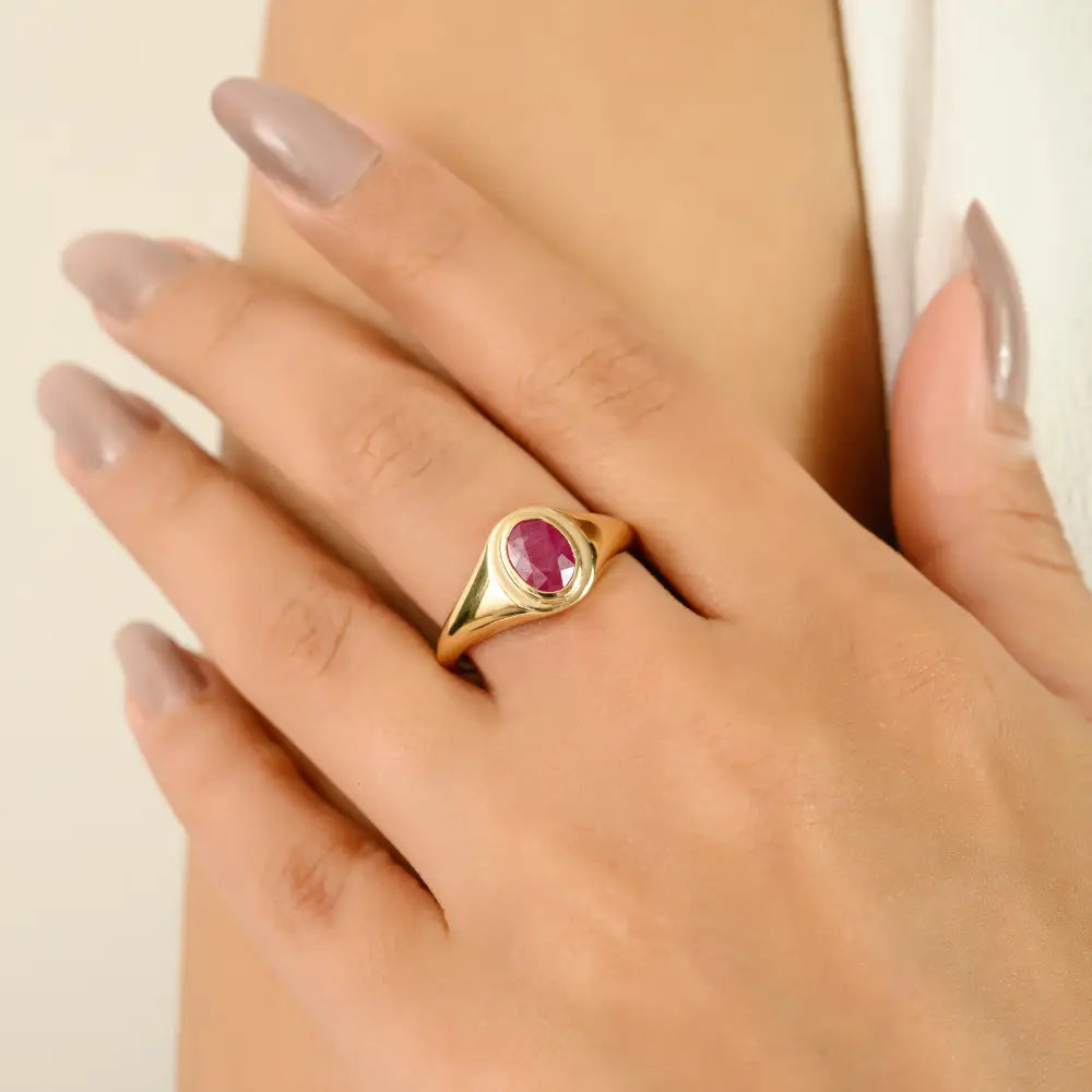 Latest Design July Birthstone Natural Ruby Signet Chunky Ring 14K Real Yellow Gold Jewelry