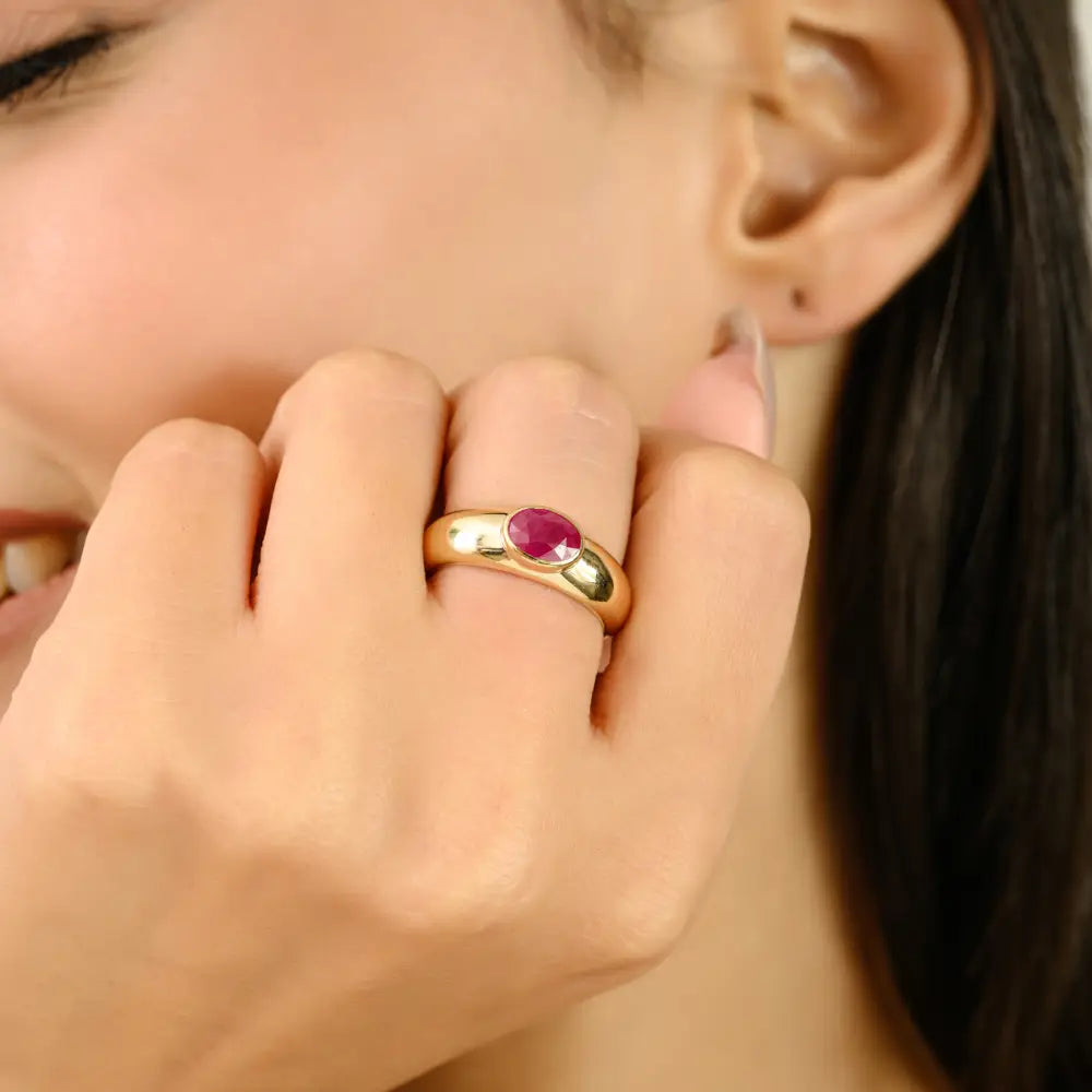 100% Authentic Ruby Handmade Dome Signet Ring For Women Pure K14 Yellow Gold Jewelry