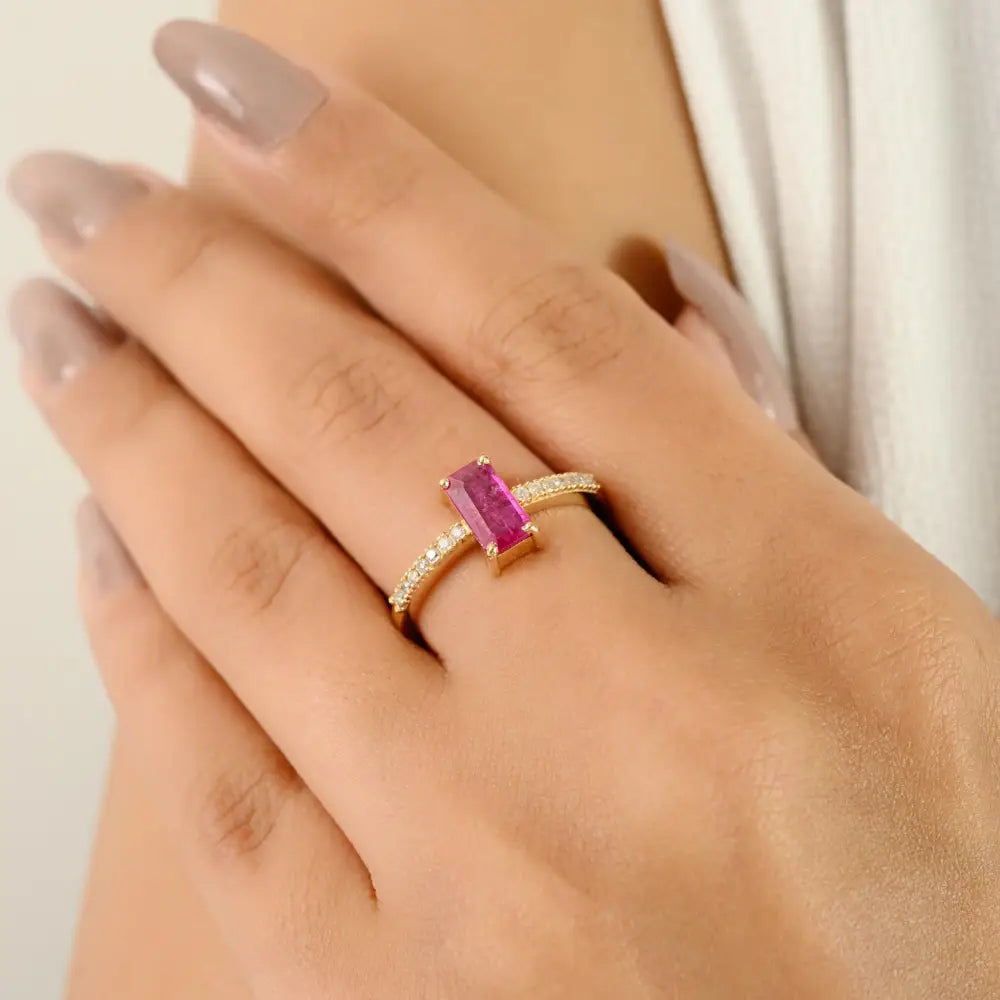 100% Genuine Prong Setting Ruby & Diamond Gemstone Ring Trending 14K Yellow Gold Jewelry