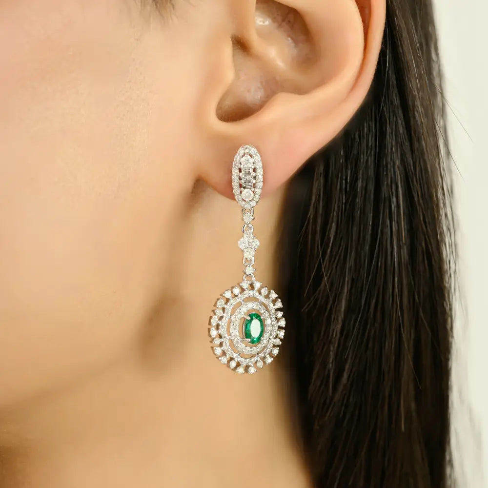 Bold Bridal Jewelry 14K White Gold Emerald & Diamond Handmade Dangle Earrings For Women