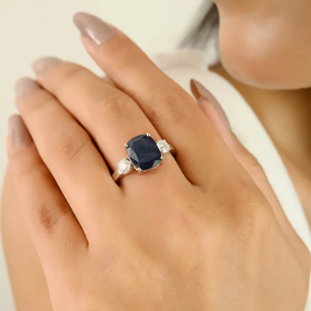 Prong Setting Blue Sapphire & Diamond 14K Solid White Gold Statement Three Stone Ring Unisex