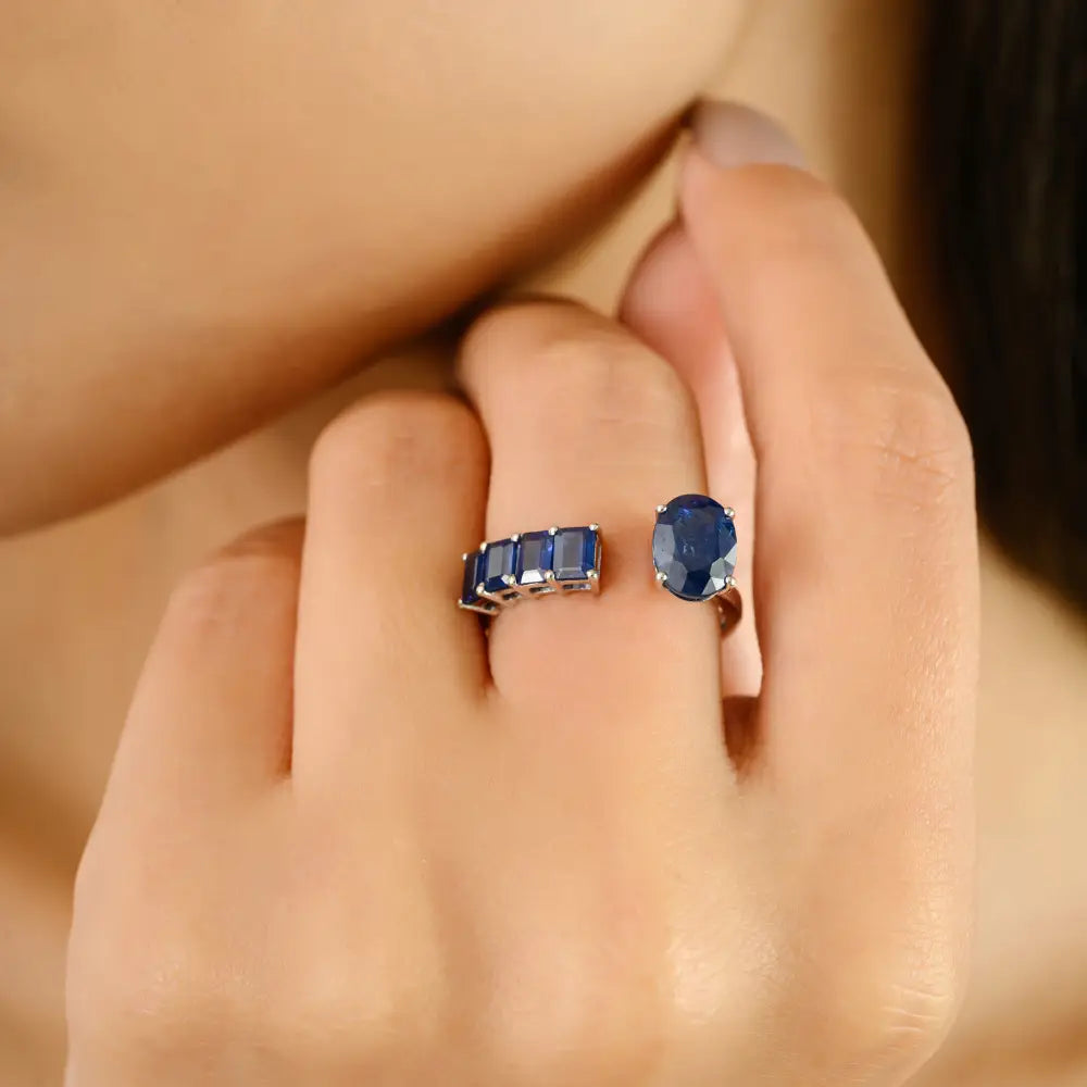Latest Design Handmade Blue Sapphire Real K14 White Gold Open Ended Ring Unisex