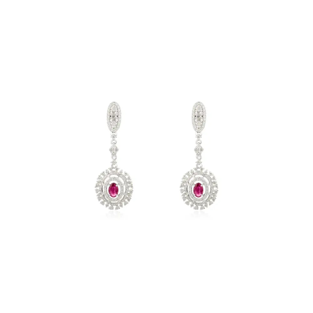 Statement Jewelry Ruby & Diamond Bridal Dangle Earrings Pure 14K White Gold Wholesale Price