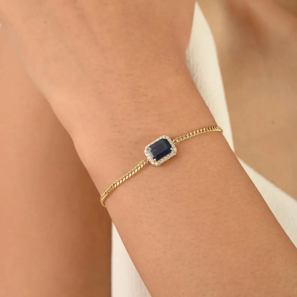 Prong Setting Blue Sapphire & Diamond 14K Solid Gold Cuban Chain Halo Bracelet Unisex