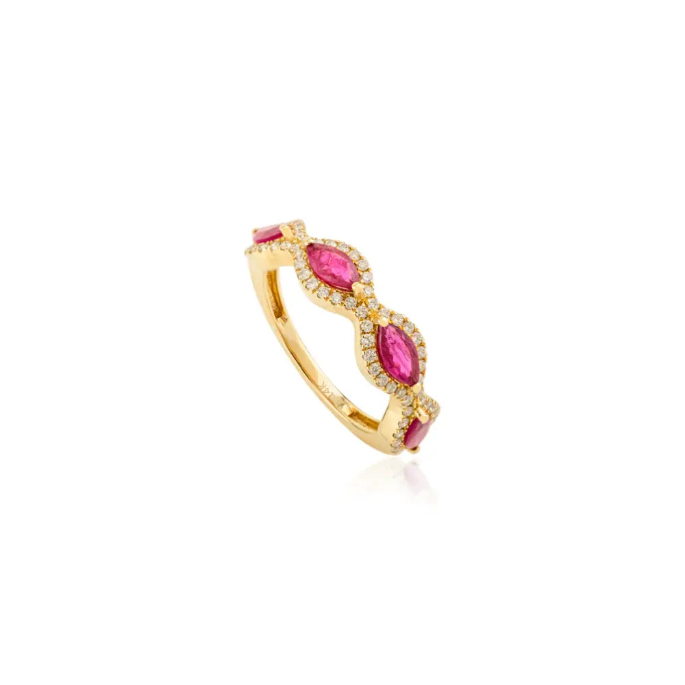 Best Selling Ruby & Diamond Half Eternity Band Ring Real K14 Yellow Gold Unique Jewelry