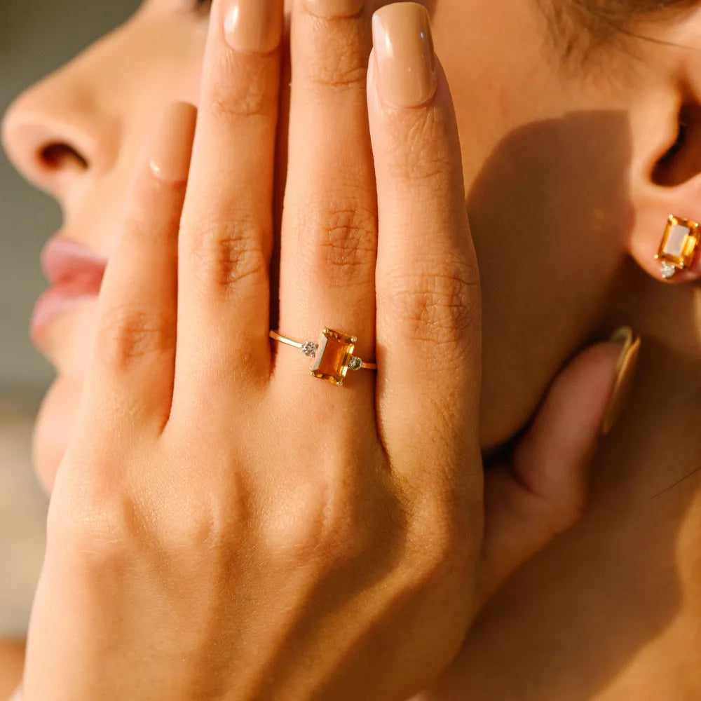3 Pcs Jewelry Set Citrine & Diamond Ring Earrings & Pendant Prong Setting Wholesale Price