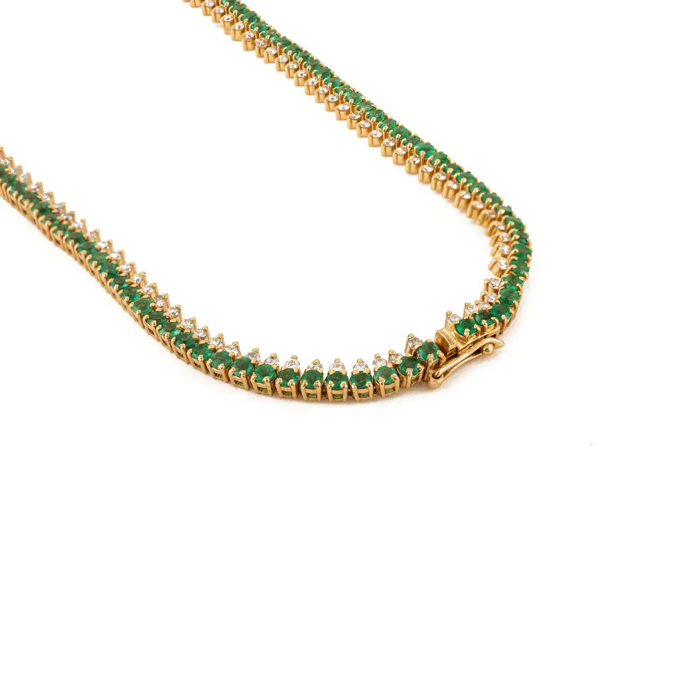 Emerald & Diamond Box Lock Tennis Necklace Unique Design 18K Yellow Gold Women Jewelry