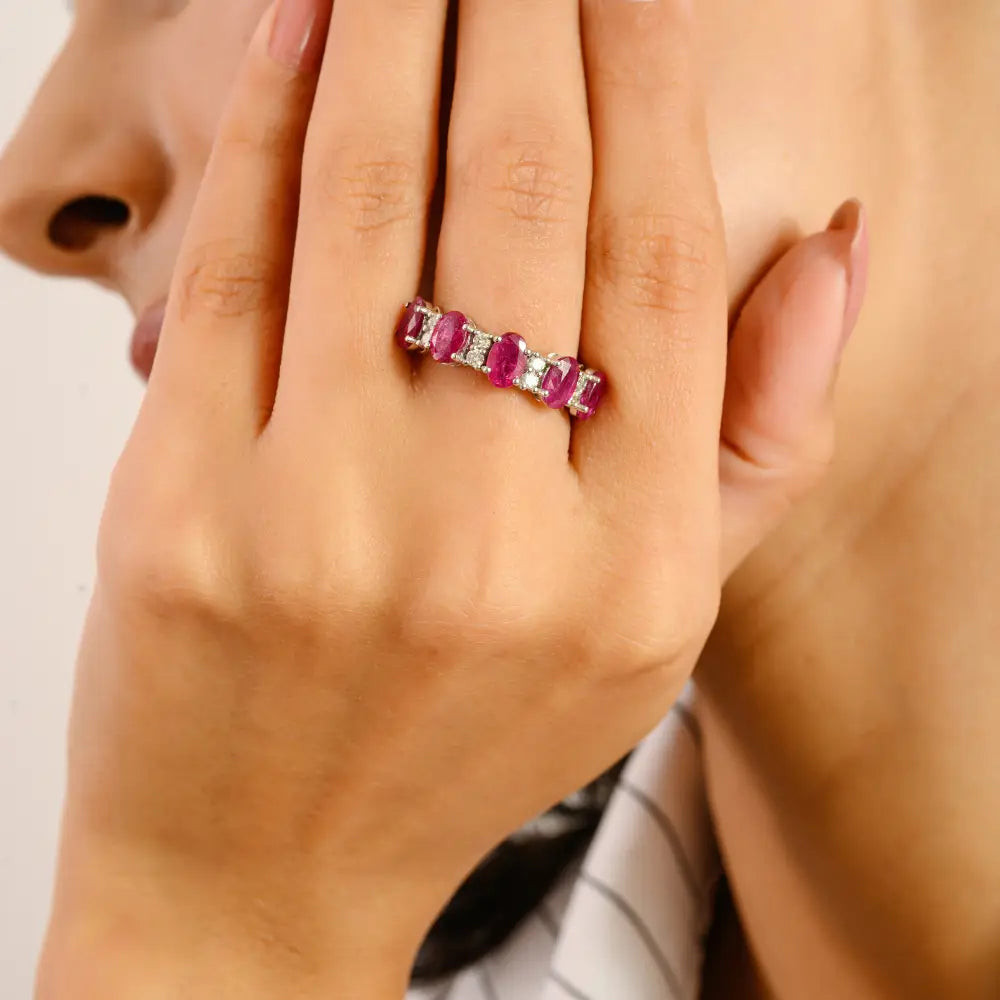 100% Genuine Ruby & Diamond Half Eternity Band Ring Fine 14K Real Gold Jewelry