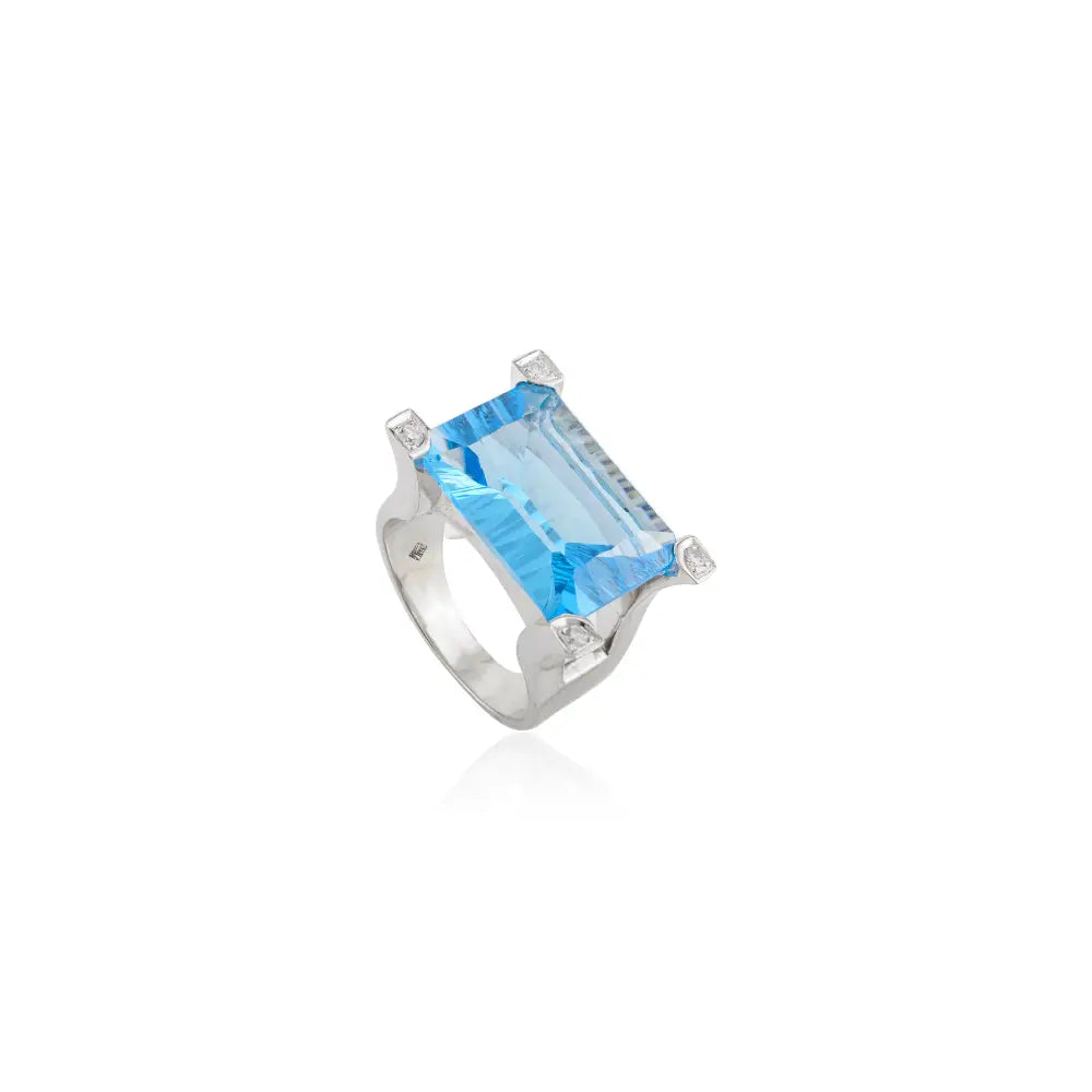 Luxury Wholesale Blue Topaz & Diamond Cocktail Ring Solid K18 White Gold Trending Jewelry